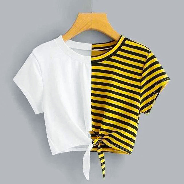 Two Tone Striped Bow Tie Crop T-Shirt
