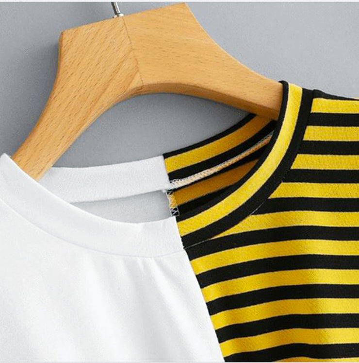 Two Tone Striped Bow Tie Crop T-Shirt