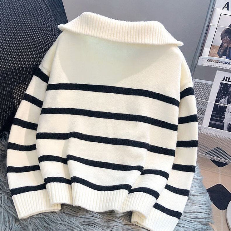 Striped Turn-Down Collar Sweater
