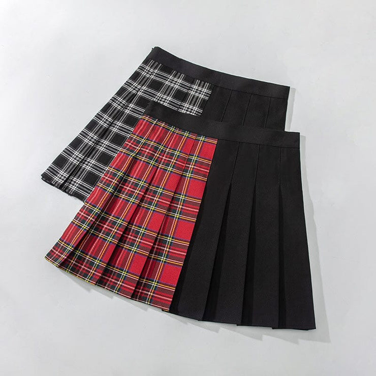Pleated Plaid Colorblock Skirt